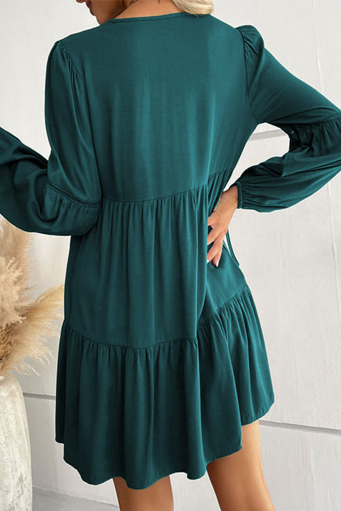 Lace Puff Sleeve Buttoned Tiered Ruffled Mini Dress